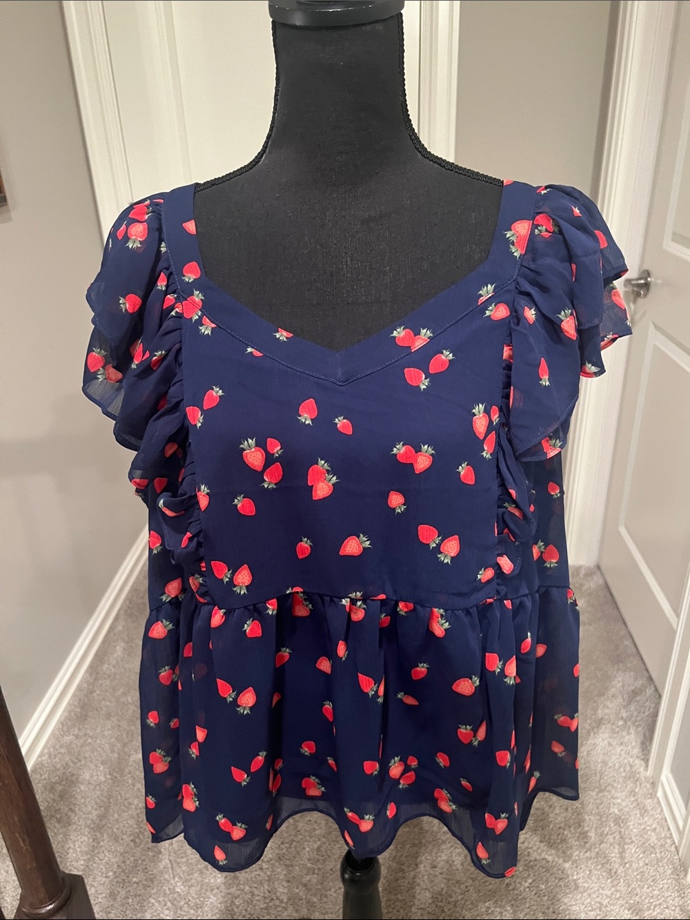 Cato Navy Blue Blouse with Red Strawberry Print and Ruffle Sleeves